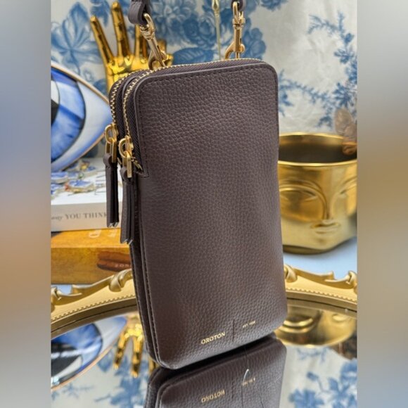 🆕 OROTON 🧿 NWOT Lilly Phone Crossbody, Brown Bear Leather, Adjustable Strap - Picture 4 of 16